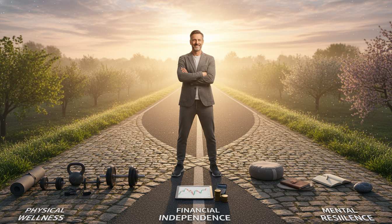 Man in his 40s standing at intersection of three paths representing fitness, mental clarity, and financial planning with sunrise symbolizing new beginnings