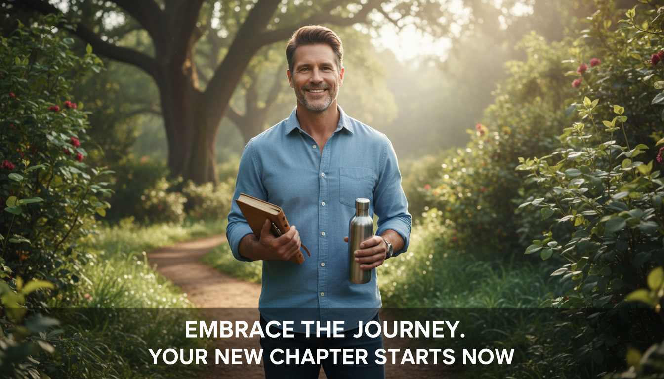 Confident man over 40 smiling outdoors with journal, representing beginner mindset shifts and personal growth