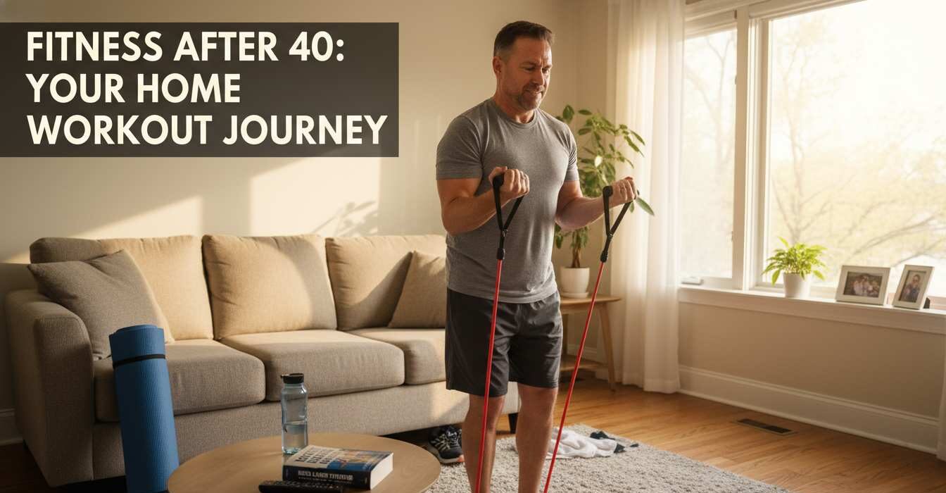 Man over 40 doing beginner strength training at home with resistance bands and adjustable dumbbells