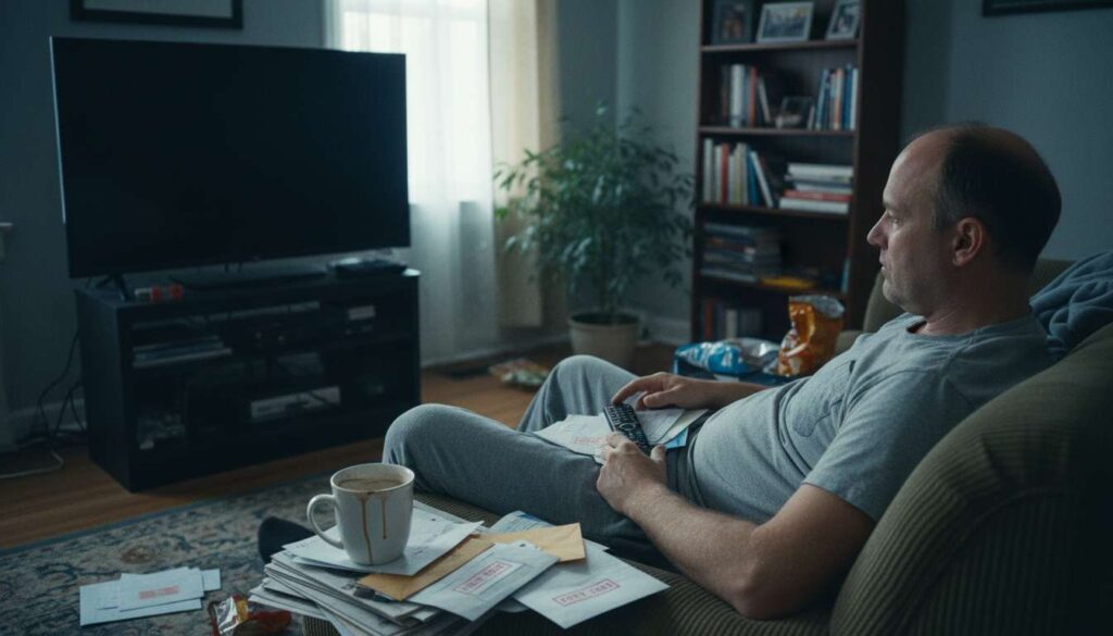 Man in his 40s sitting on a couch, looking thoughtful and stuck in routine at home