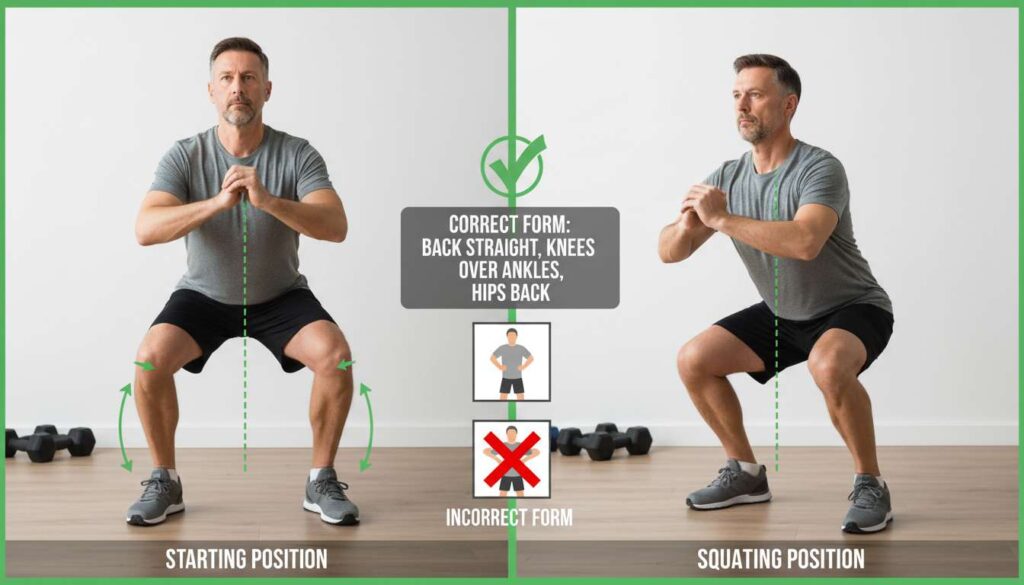 Man in his 40s performing a bodyweight squat at home, step-by-step, no equipment needed.