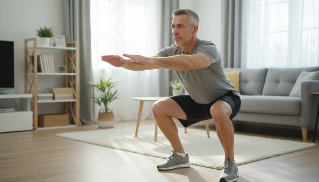 Man in his 40s performing a bodyweight squat at home, functional strength training