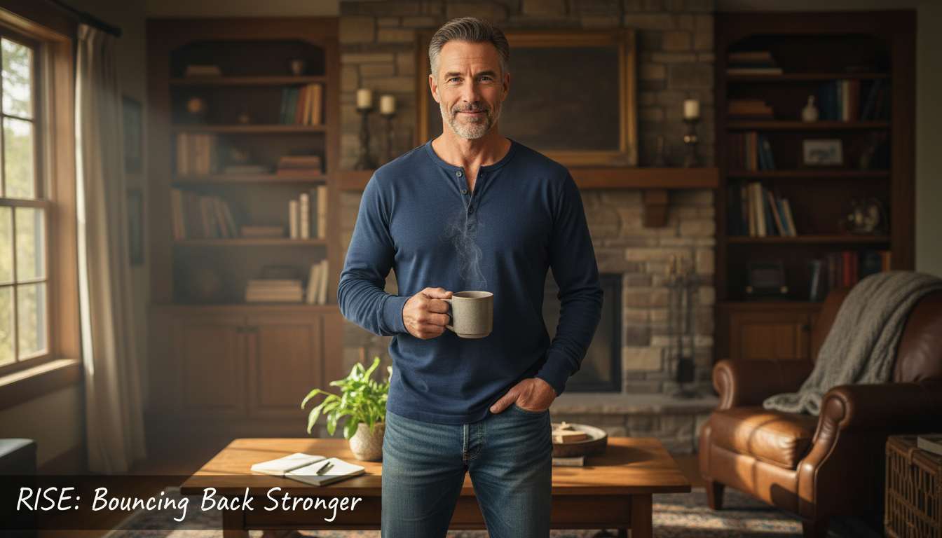 Resilient man over 40 standing confidently at home, symbolizing bouncing back after a setback and resilience for men.