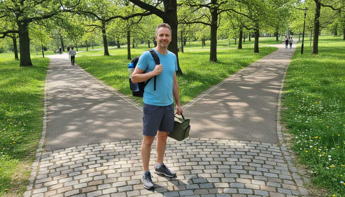 Relatable man in his 40s at a crossroads in a park, starting life optimization journey