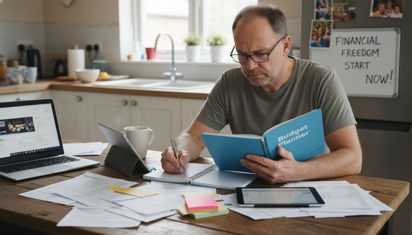 Man in his 40s reviewing budget planner and financial documents at kitchen table, taking first steps to break the paycheck-to-paycheck cycle