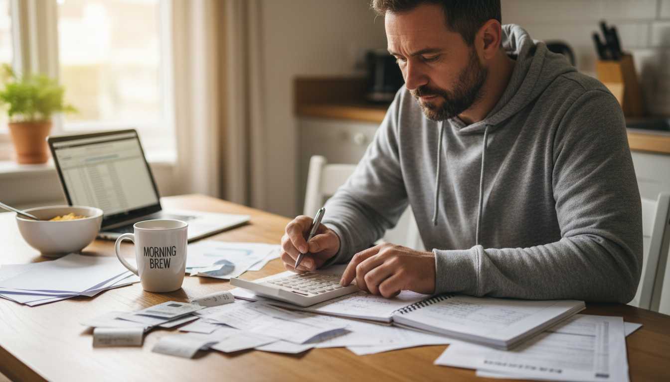 Man over 40 planning budget at kitchen table with coffee, laptop, bills, and notebook