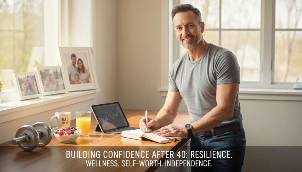 Confident man in his late 40s smiling in a sunlit home, representing building confidence after 40