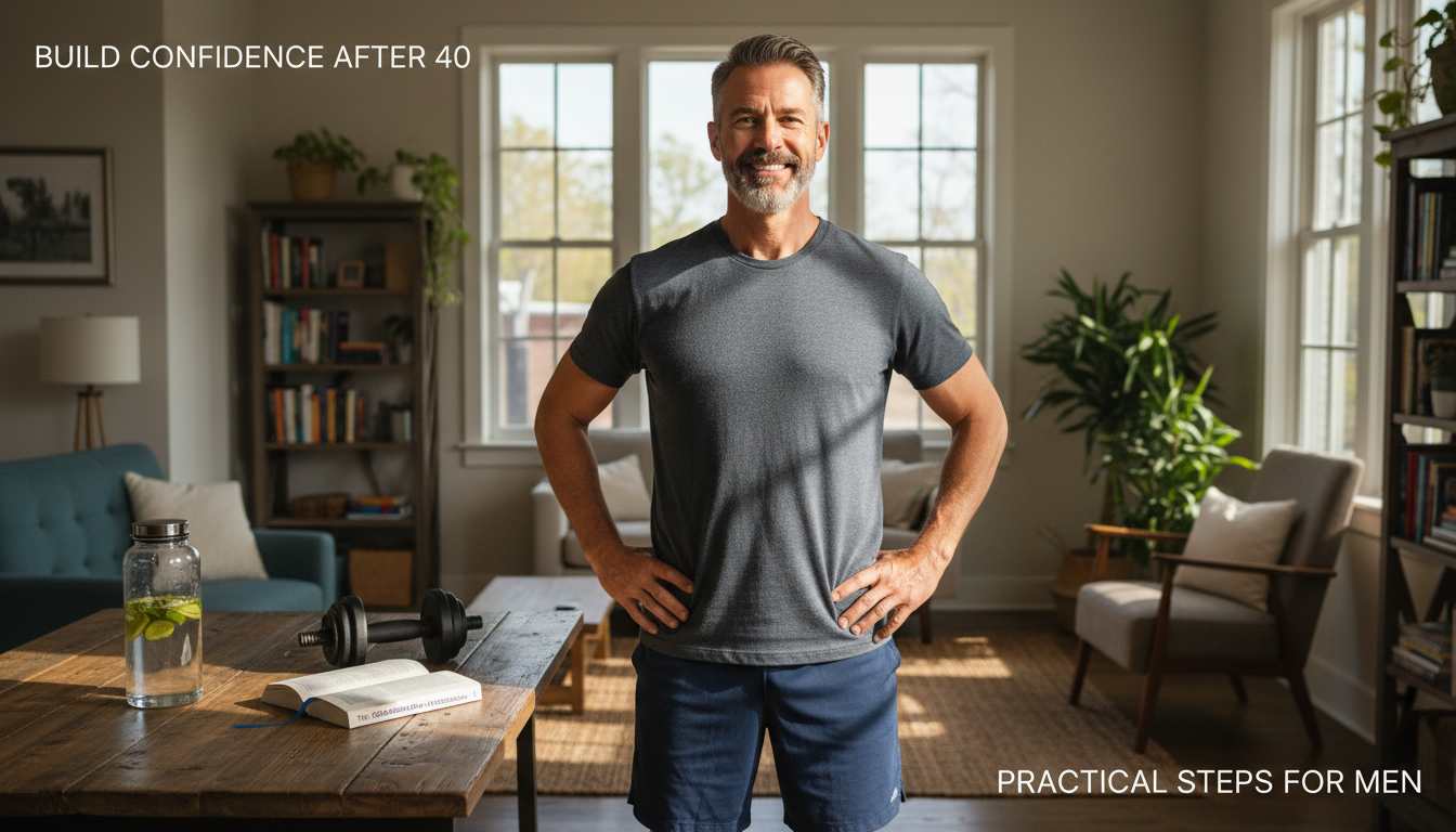 Confident man over 40 journaling at a sunlit kitchen counter with wellness tools, symbolizing progress and self-esteem