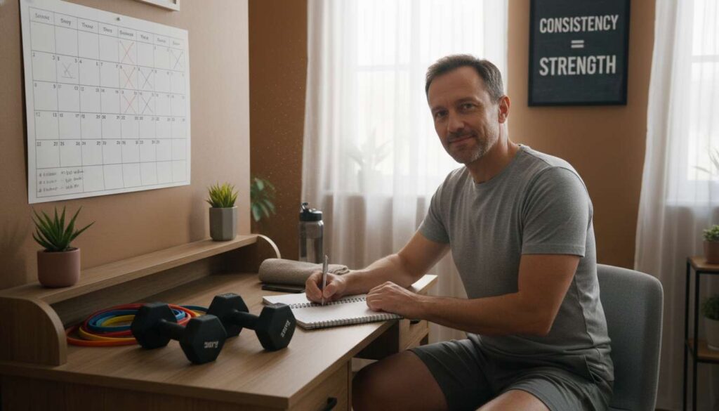 Man over 40 tracking home strength training progress on calendar with workout gear nearby