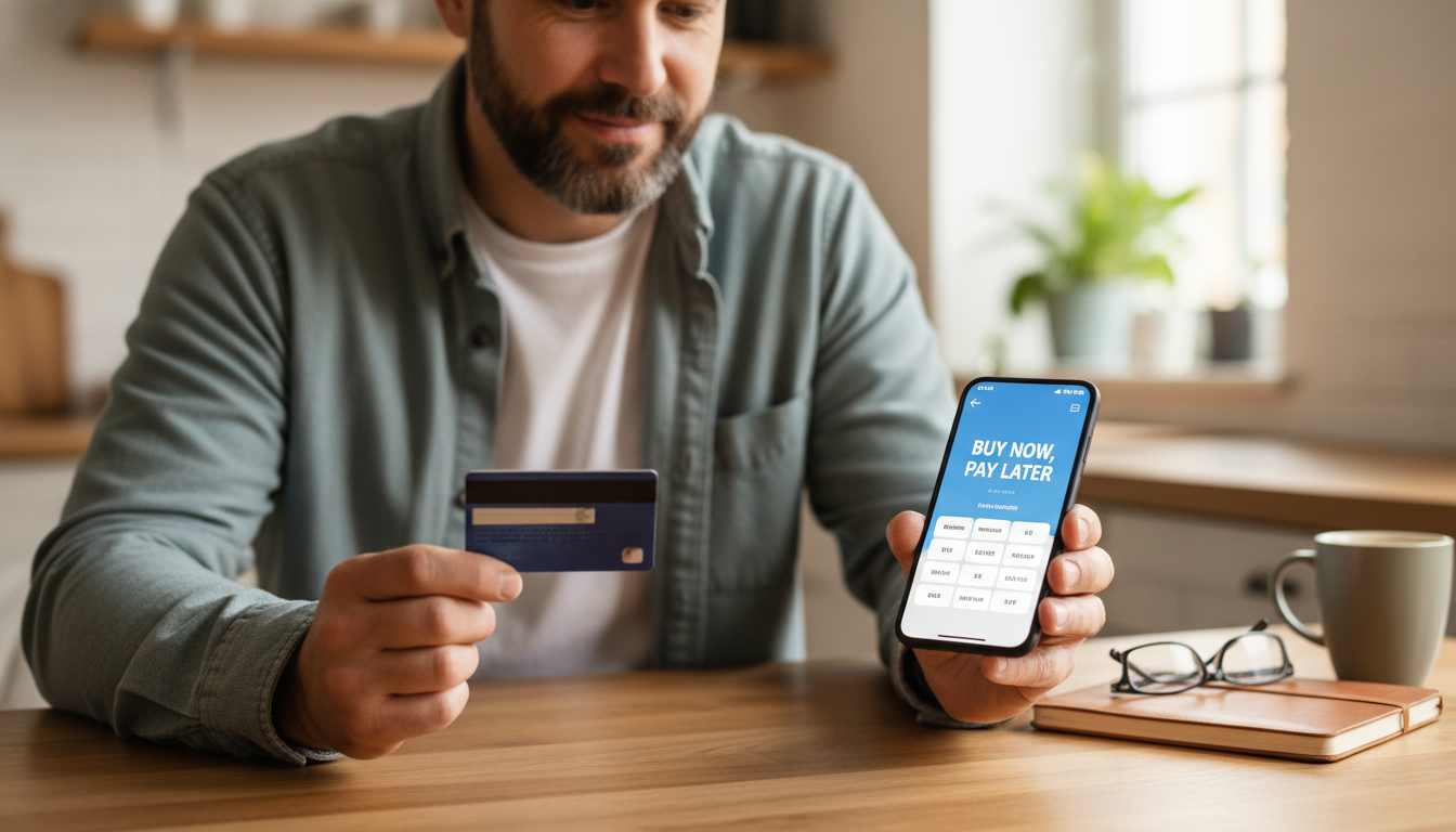 Man in his 40s comparing buy now pay later and credit card options at home