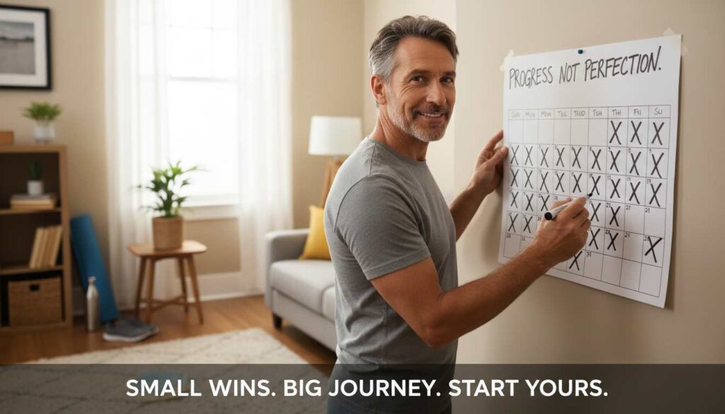 Man in his 40s smiling and marking a small win on a wall calendar at home, with yoga mat and water bottle in the background.
