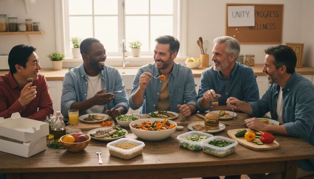 Diverse group of men over 40 enjoying a colorful, healthy meal together, symbolizing unity and success with 2026’s top diet trends for busy professionals