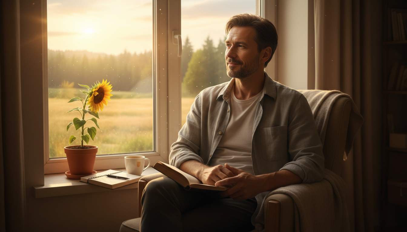 Man in his 40s sitting thoughtfully by a window during late summer, representing mental resilience and overcoming August blues depression