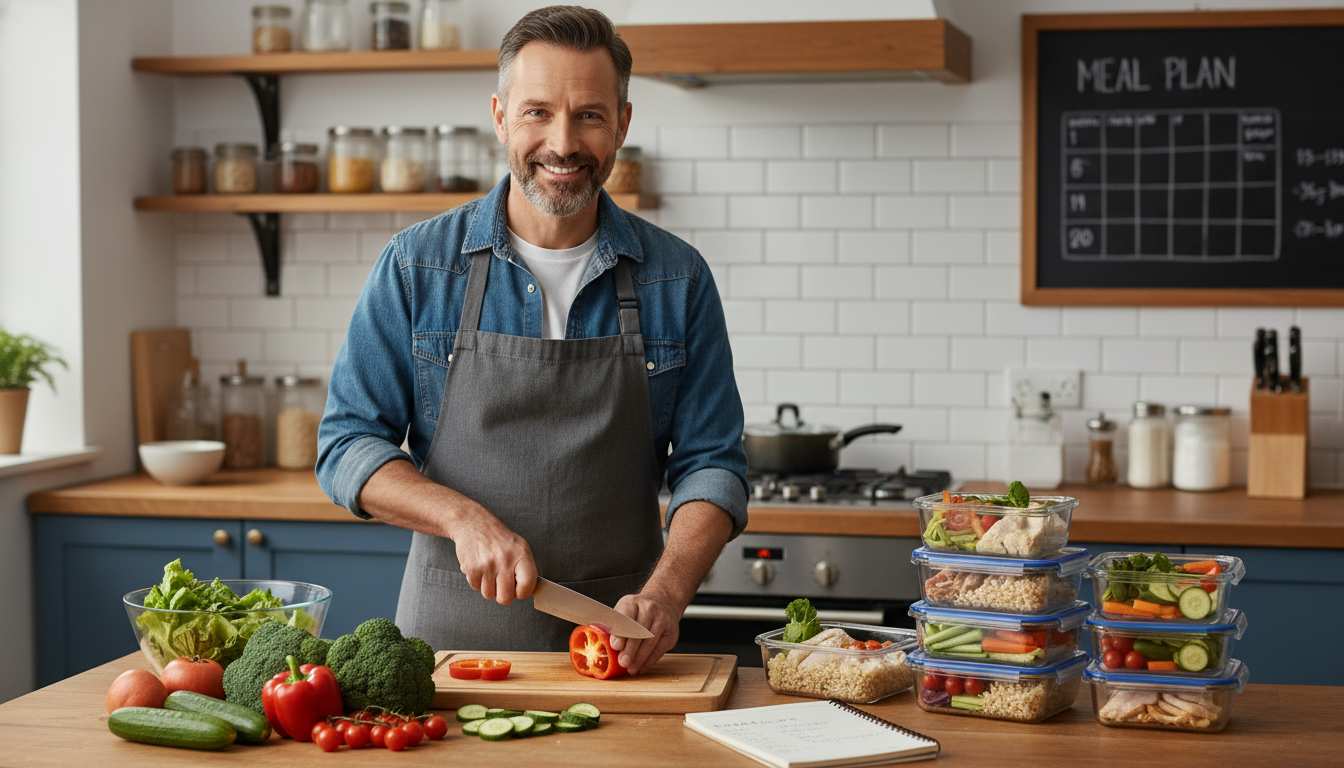 Man in his 40s meal prepping in a warm kitchen with healthy ingredients, grocery list, and meal prep containers—simple budget-friendly meal planning for men.