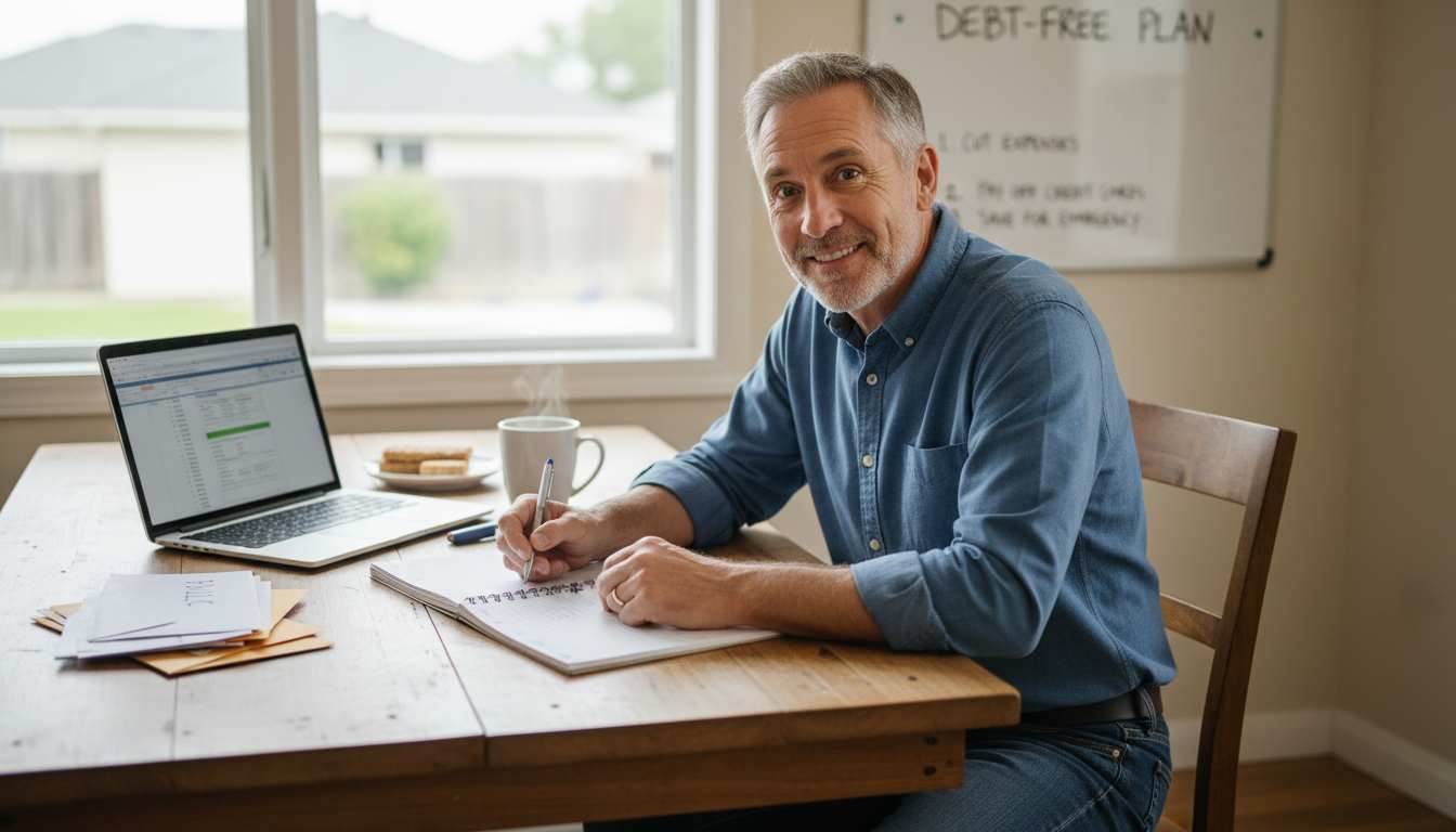 Man in his 40s budgeting at kitchen table, smiling after achieving debt-free milestone