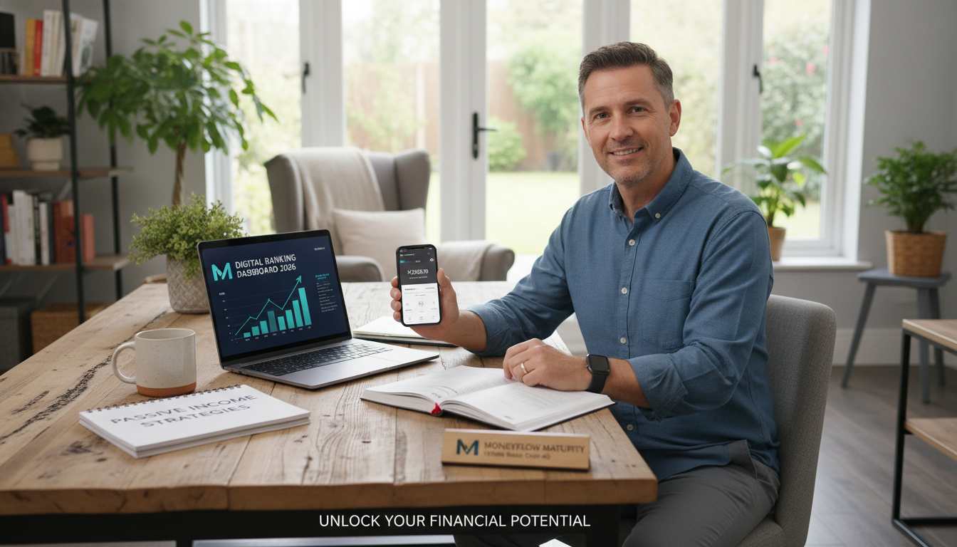 Confident man over 40 using laptop and smartphone for digital banking and passive income in a warm, relatable home office setting.