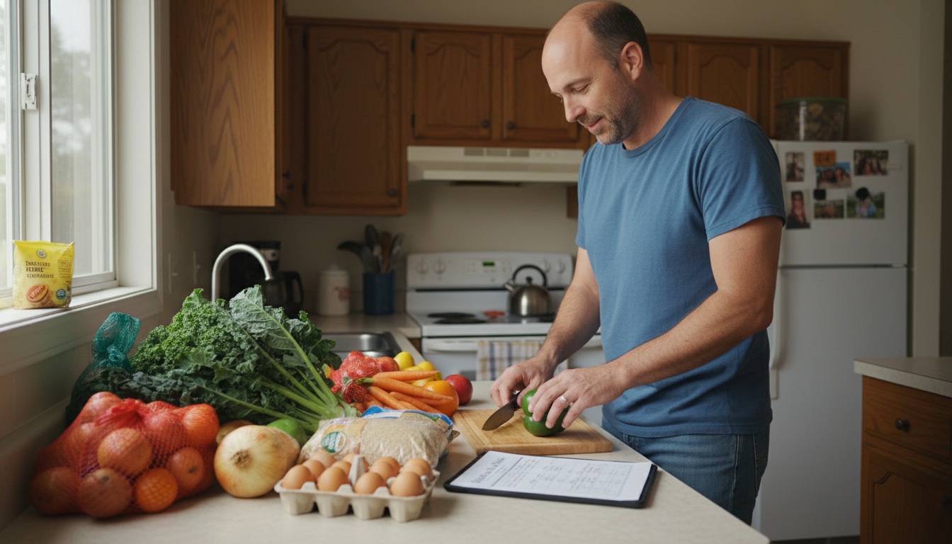 Man in his 40s organizing affordable healthy groceries including vegetables, eggs, and whole foods on kitchen counter for budget meal planning