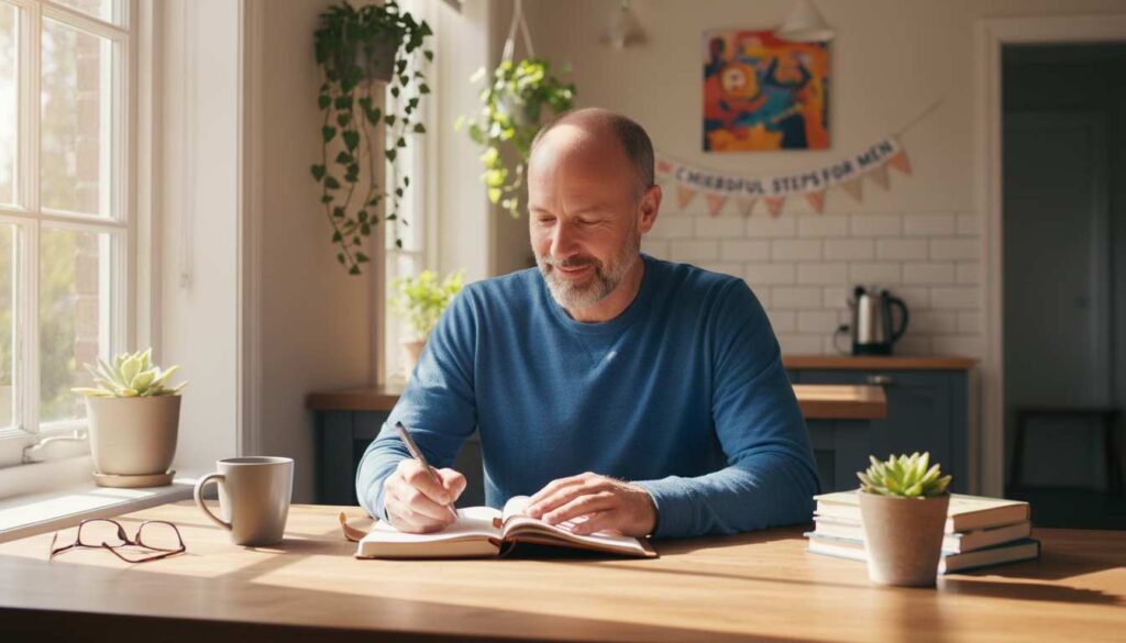 Man in his 40s journaling at a kitchen table, smiling, reflecting on mindful progress—Encouragement & Next Steps for mindfulness for men