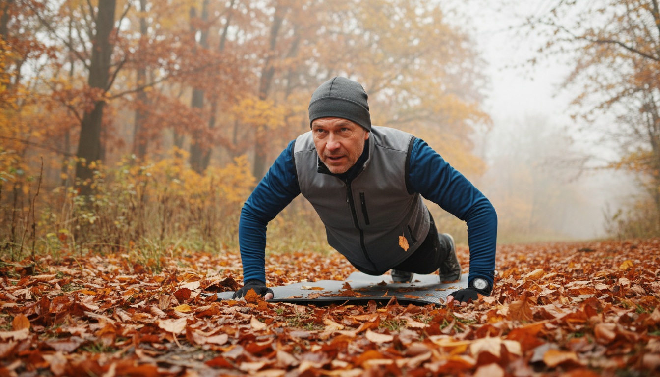 Man in his 40s doing outdoor workout in fall weather wearing layered fitness clothing with autumn leaves in background