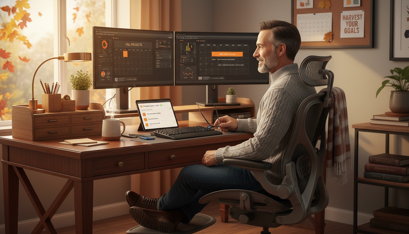 Professional man in his 40s working at upgraded home office desk with dual monitors, ergonomic chair, and organized workspace showing best fall productivity improvements