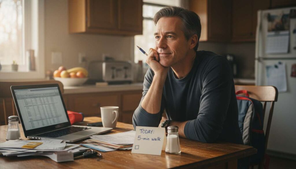 Man over 40 feeling stuck at kitchen table, preparing a small next step