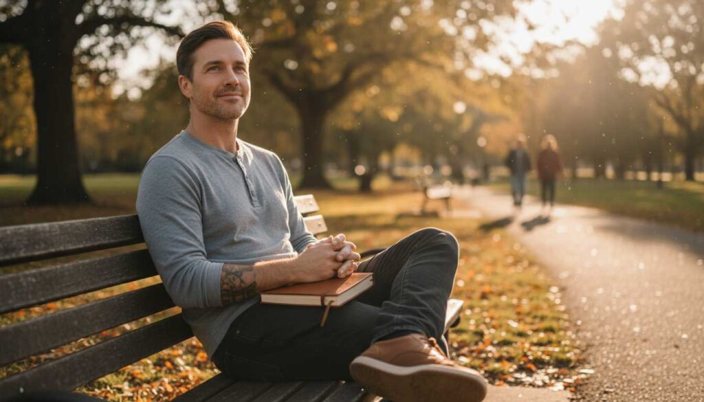 Man over 40 sitting on a park bench at sunset, reflecting on personal growth and mindset change