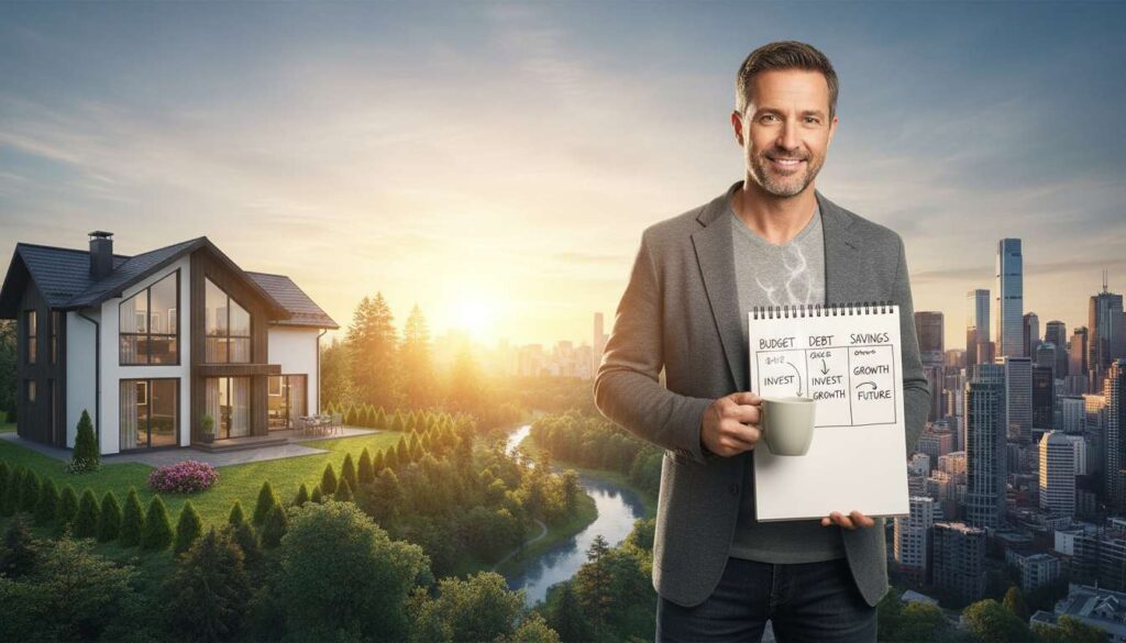 Man over 40 at sunrise feeling confident after financial reset