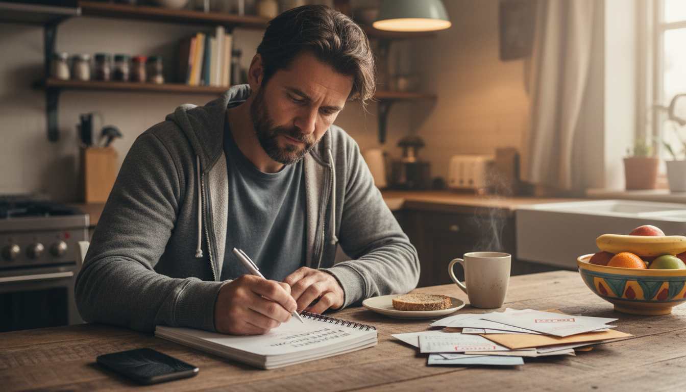 Man in his 40s starting financial independence journey at home, writing in a budget planner notebook with coffee.