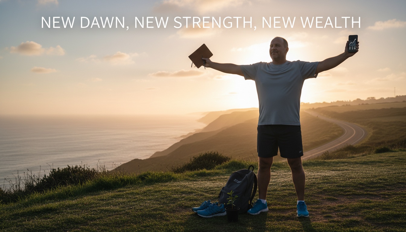 Man in his 40s starting fresh journey at sunrise - beginning transformation in fitness mindset and finances