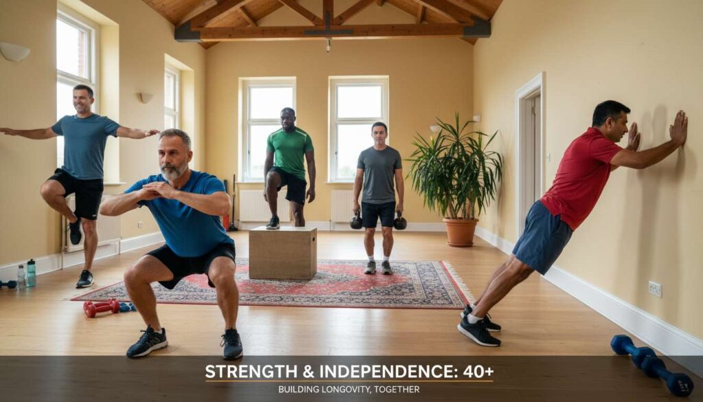 Group of men over 40 performing functional strength exercises together, longevity and wellness