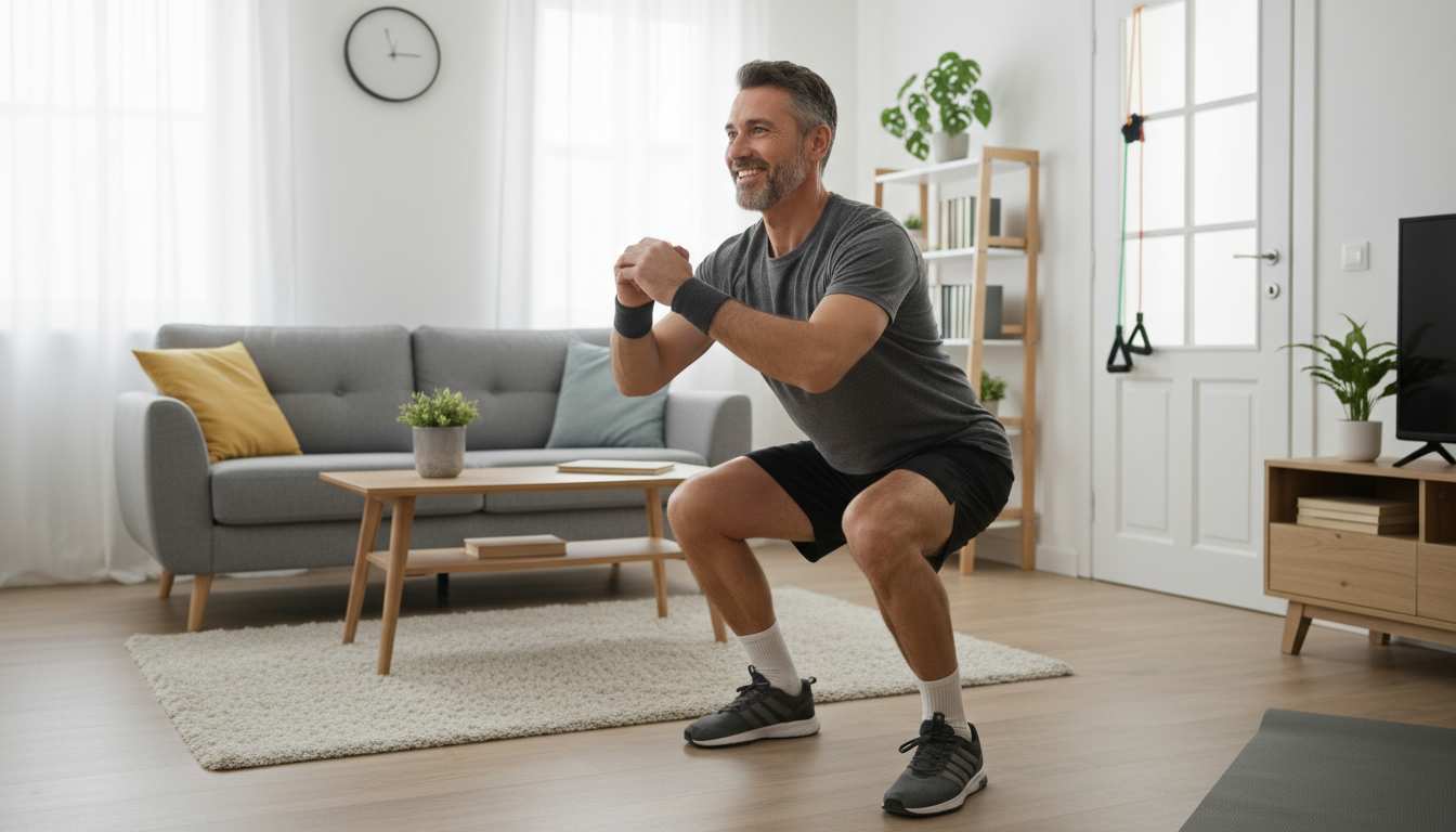 Man in his 40s doing a bodyweight squat at home, functional strength training for longevity
