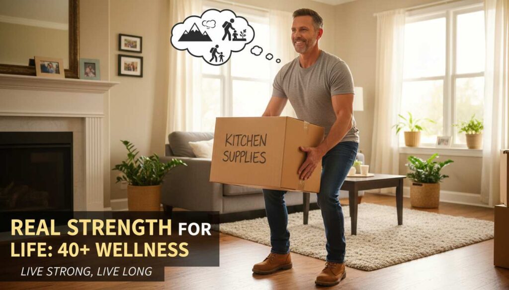 Man in his 40s lifting a box at home, demonstrating functional strength for daily life