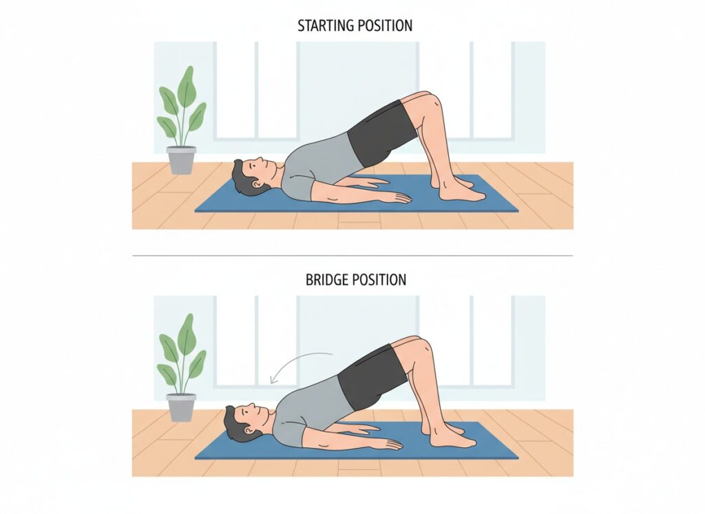 Step-by-step illustration of a man over 40 performing a glute bridge at home