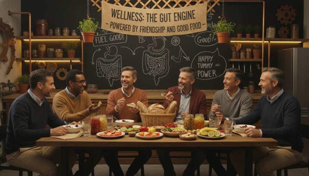 Diverse group of men over 40 sharing gut-friendly foods at a kitchen table
