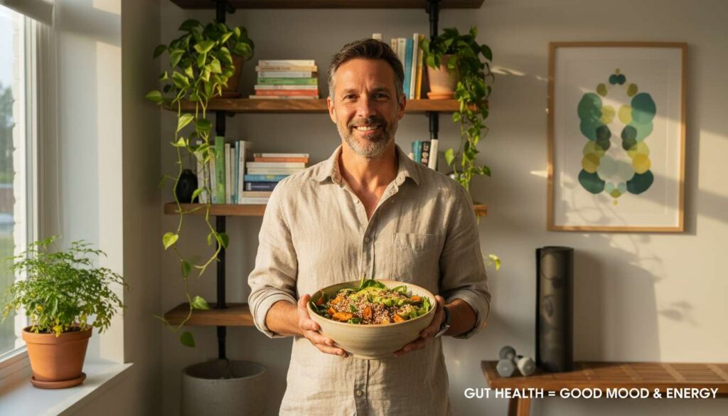 Man over 40 at home holding healthy food, radiating energy, mood, and wellness