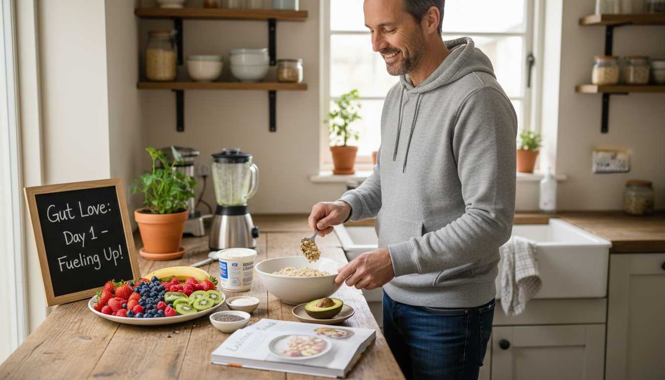 Man over 40 preparing a healthy breakfast for gut health at home