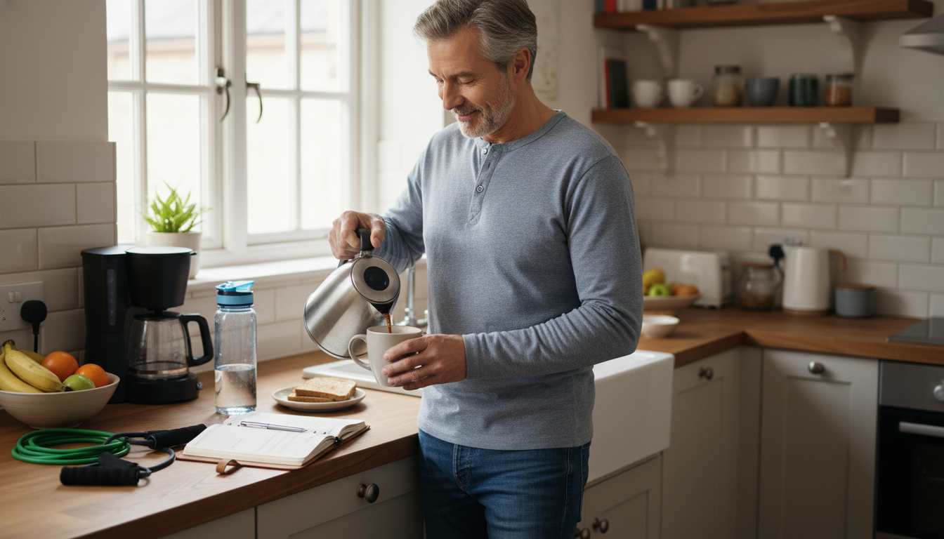 Man in his 40s habit stacking at home with coffee, planner, and fitness gear