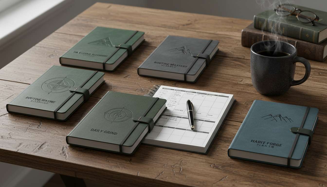 Five habit tracking journals and planners arranged on a wooden desk with coffee cup, showing masculine designs perfect for men over 40 building daily routines