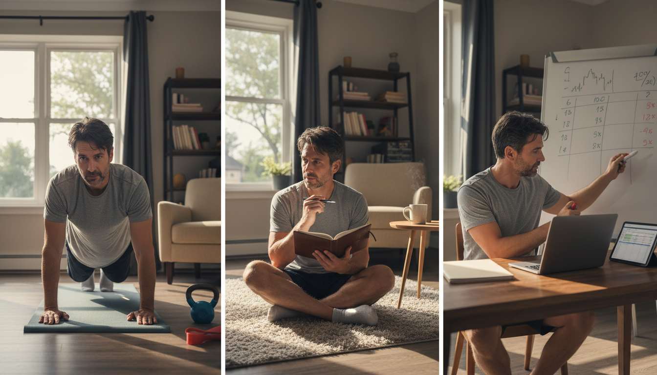 Man in his 40s demonstrating the habit trifecta with morning routine combining physical exercise, mental journaling, and financial planning in a home setting