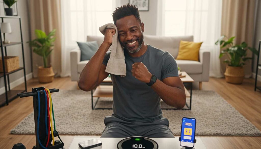 Man in his 40s smiling after a home workout, surrounded by fitness tracker, resistance bands, smart scale, and smartphone with workout app in a cozy living room