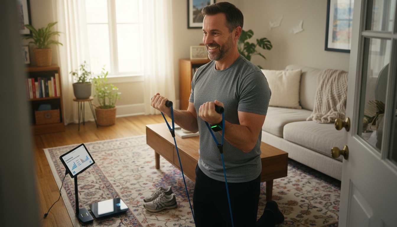 Man in his 40s working out at home using fitness tech gadgets like a fitness tracker and resistance bands in a casual living room setting