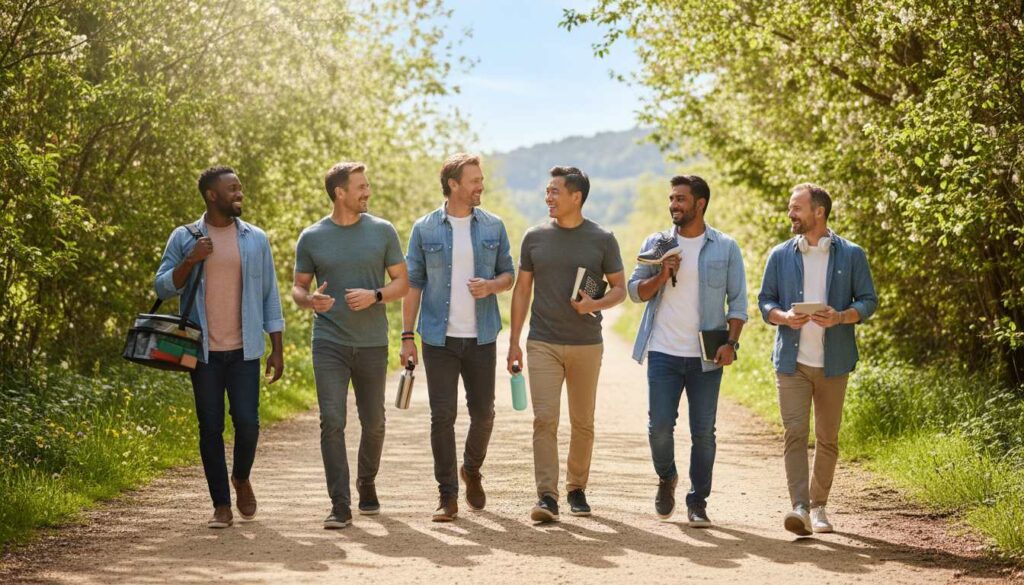 Diverse group of men in their 40s walking together outdoors, embracing life optimization