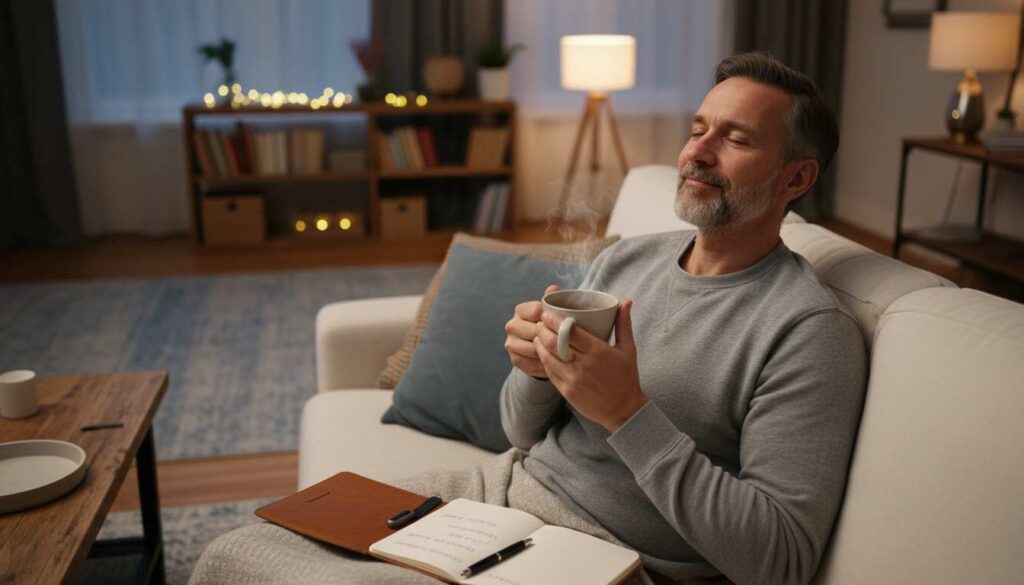 Man over 40 relaxing with herbal tea and sleep tracker, showing simple sleep optimization