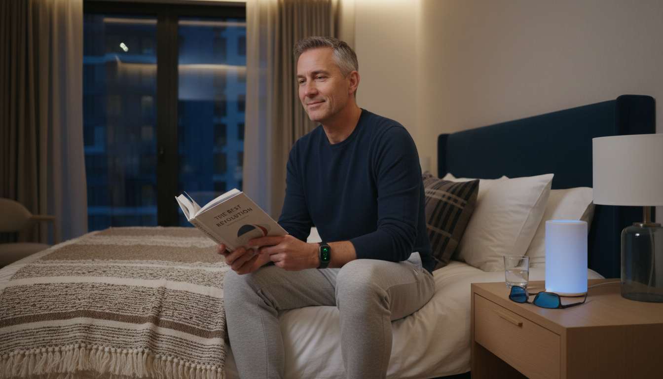 Man over 40 winding down with wearable sleep tracker in cozy bedroom for sleep optimization