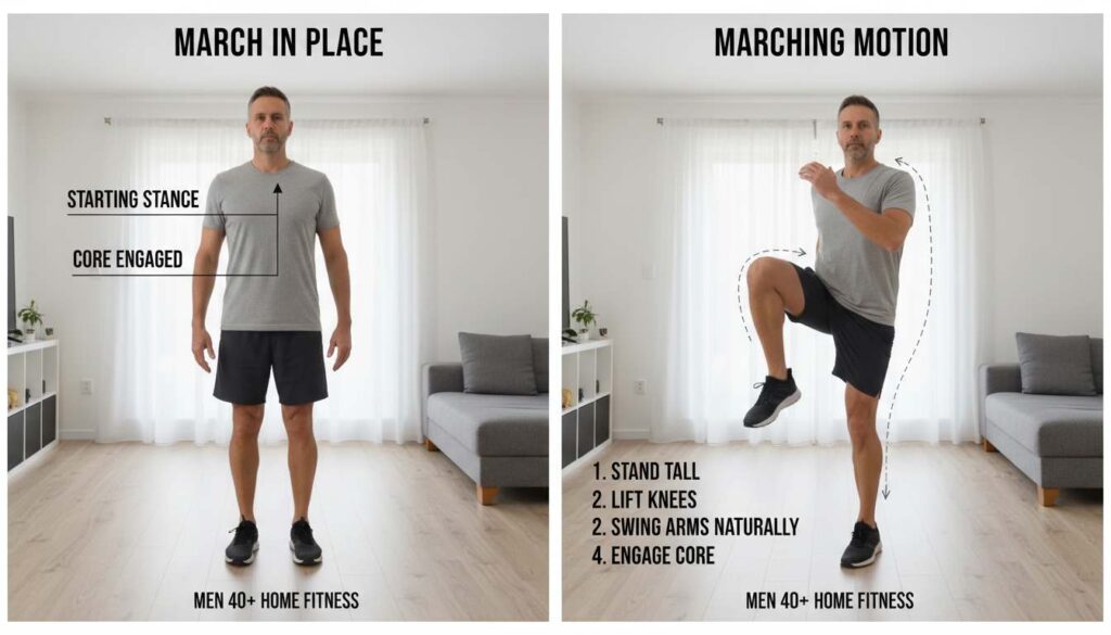 Man in his 40s performing the March in Place exercise at home, step-by-step, no equipment needed.