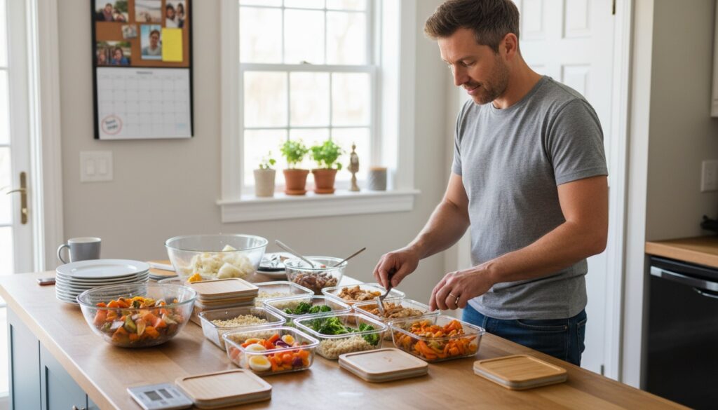 Man in his 40s portioning healthy meals into glass containers during Sunday meal prep with cooked chicken, rice, vegetables, and eggs