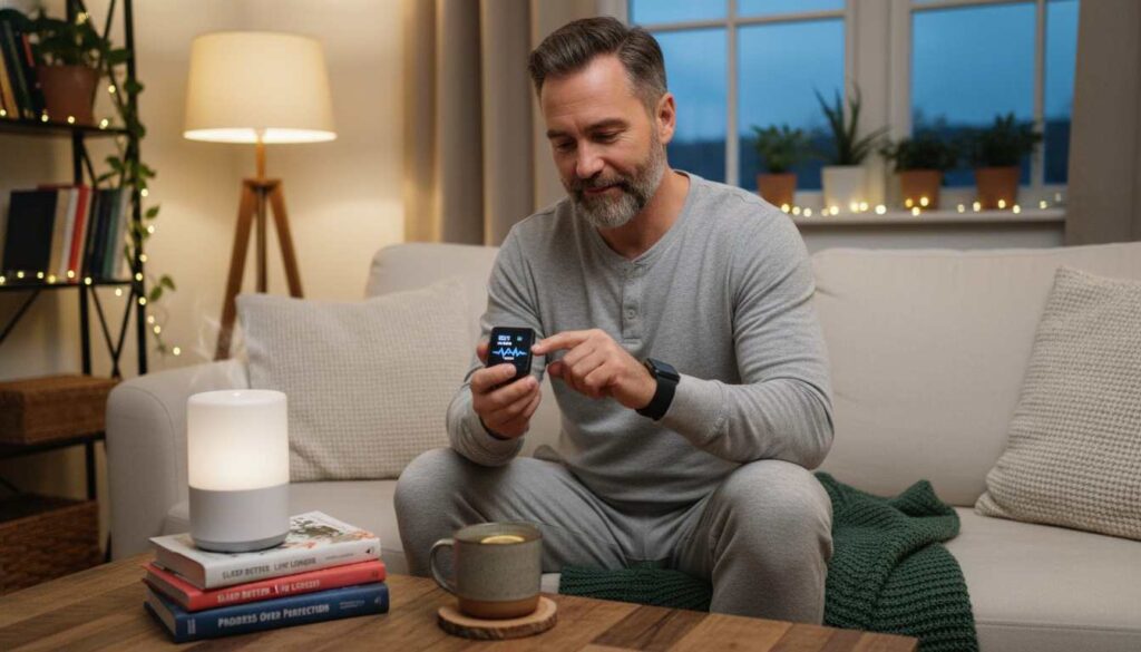 Diverse men over 40 using sleep trackers, reading, and relaxing together for wellness and sleep optimization