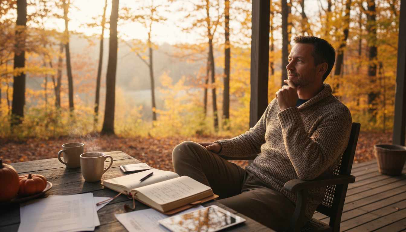 Man in his 40s organizing thoughts and planning fall goals in peaceful autumn setting with notebook and coffee