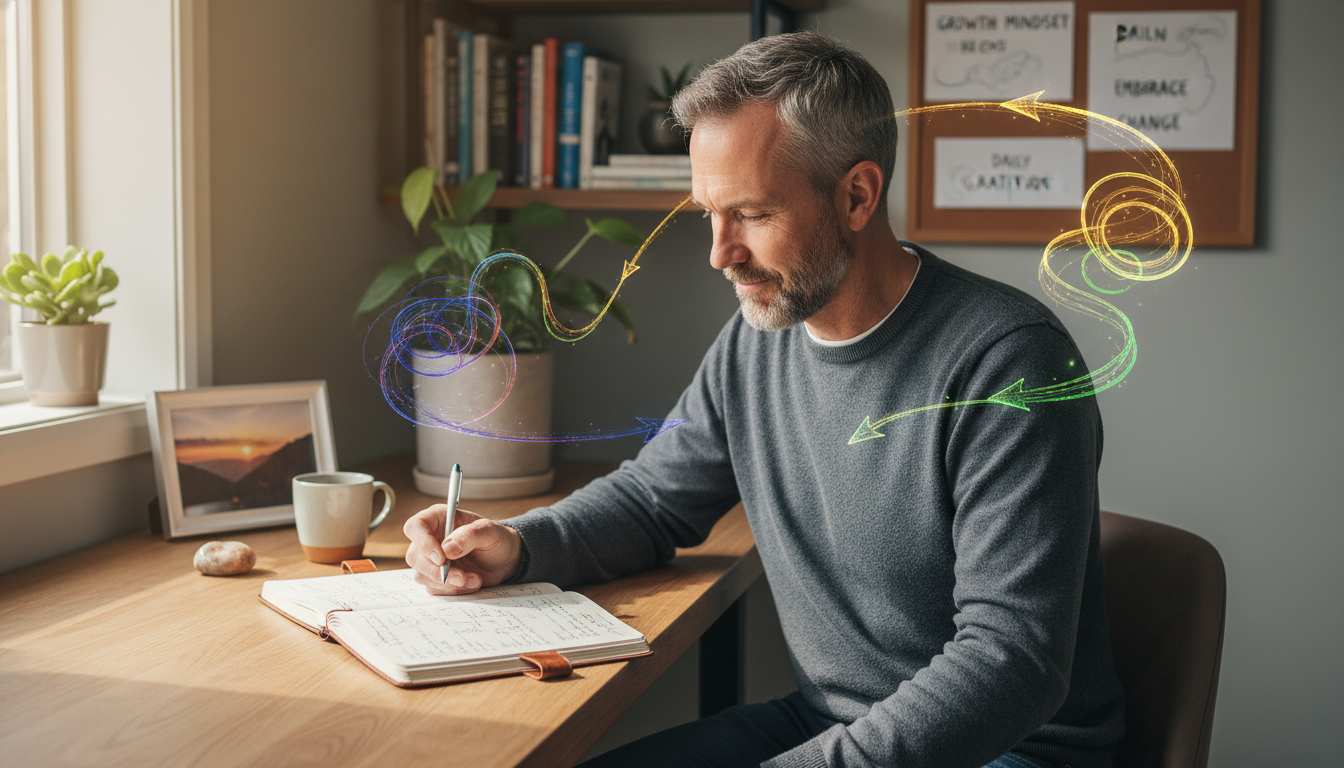Man in his 40s sitting thoughtfully at home desk with journal, representing mental habit loop transformation and positive thinking patterns