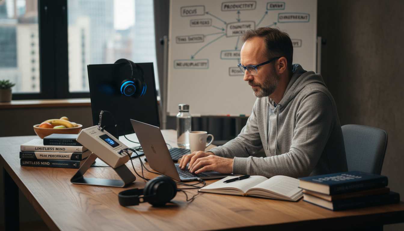Professional man in his 40s working focused at home office desk with brain optimization tools and books, representing mental performance enhancement for high achievers